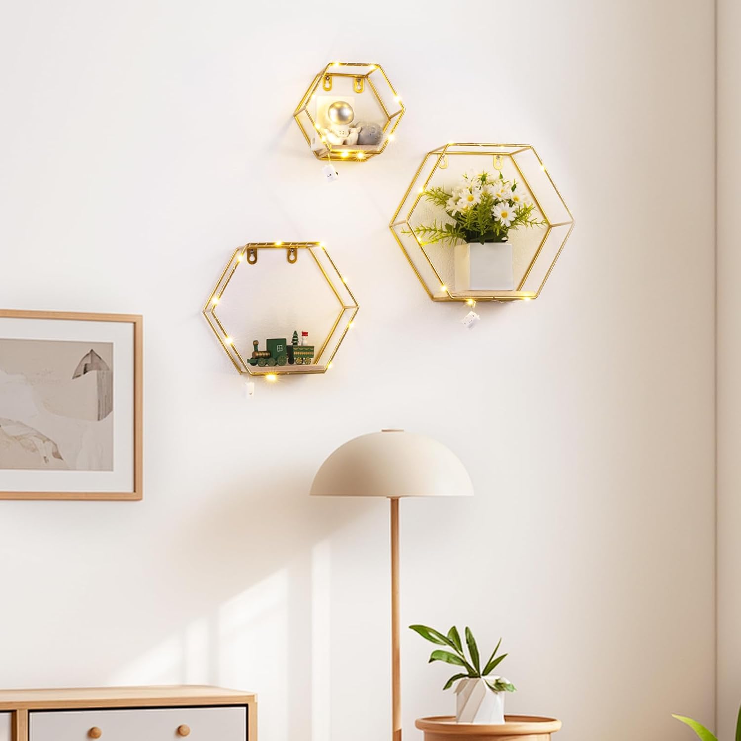 Ideal Swan Hexagon Floating Shelves with LED Lights - Gold
