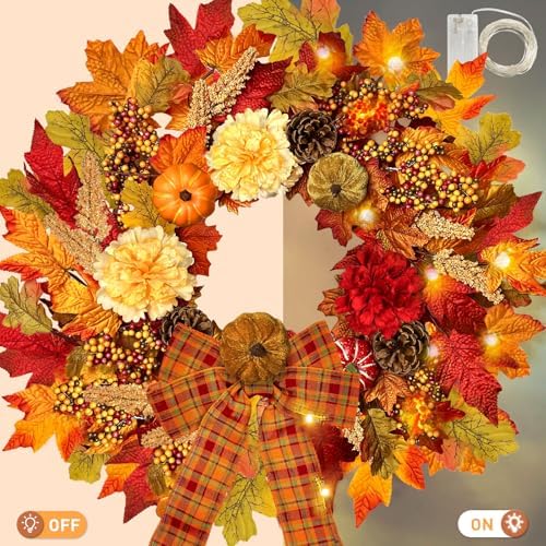 24 Inch Fall Wreath with Lights Pumpkin and Berry Decor