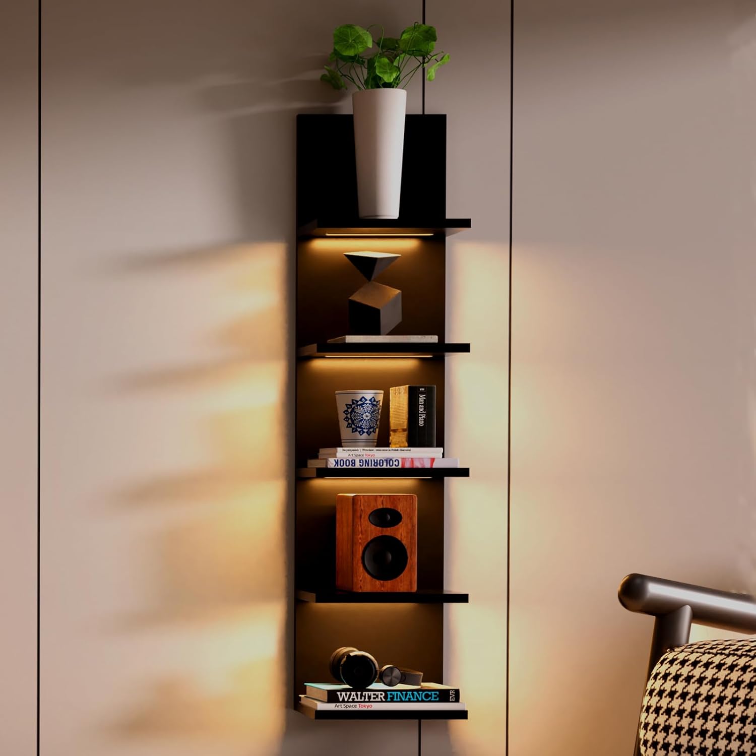 5 Tier Wall Shelves with LED Light Floating Storage Design Modern Home Decor Organizer Black