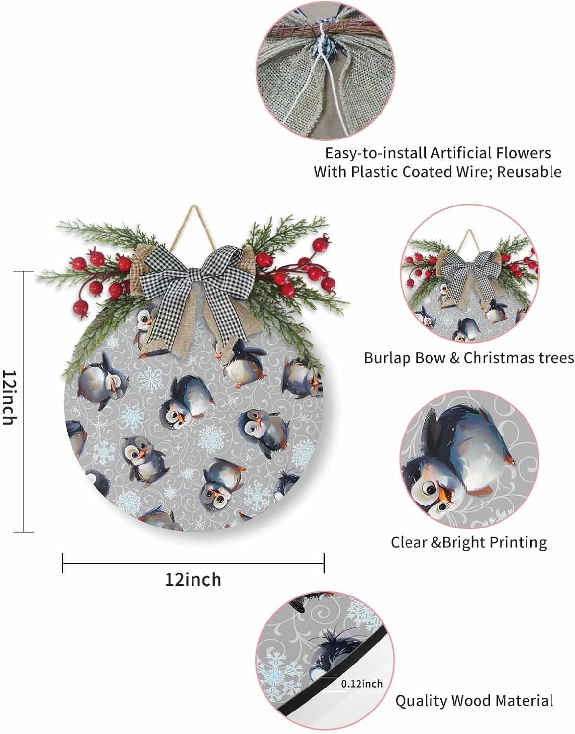 Cute Christmas Welcome Sign with Penguin Wreath Decor