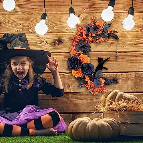 Elegant Halloween Cat Door Wreath with Black Cat and Purple Flowers