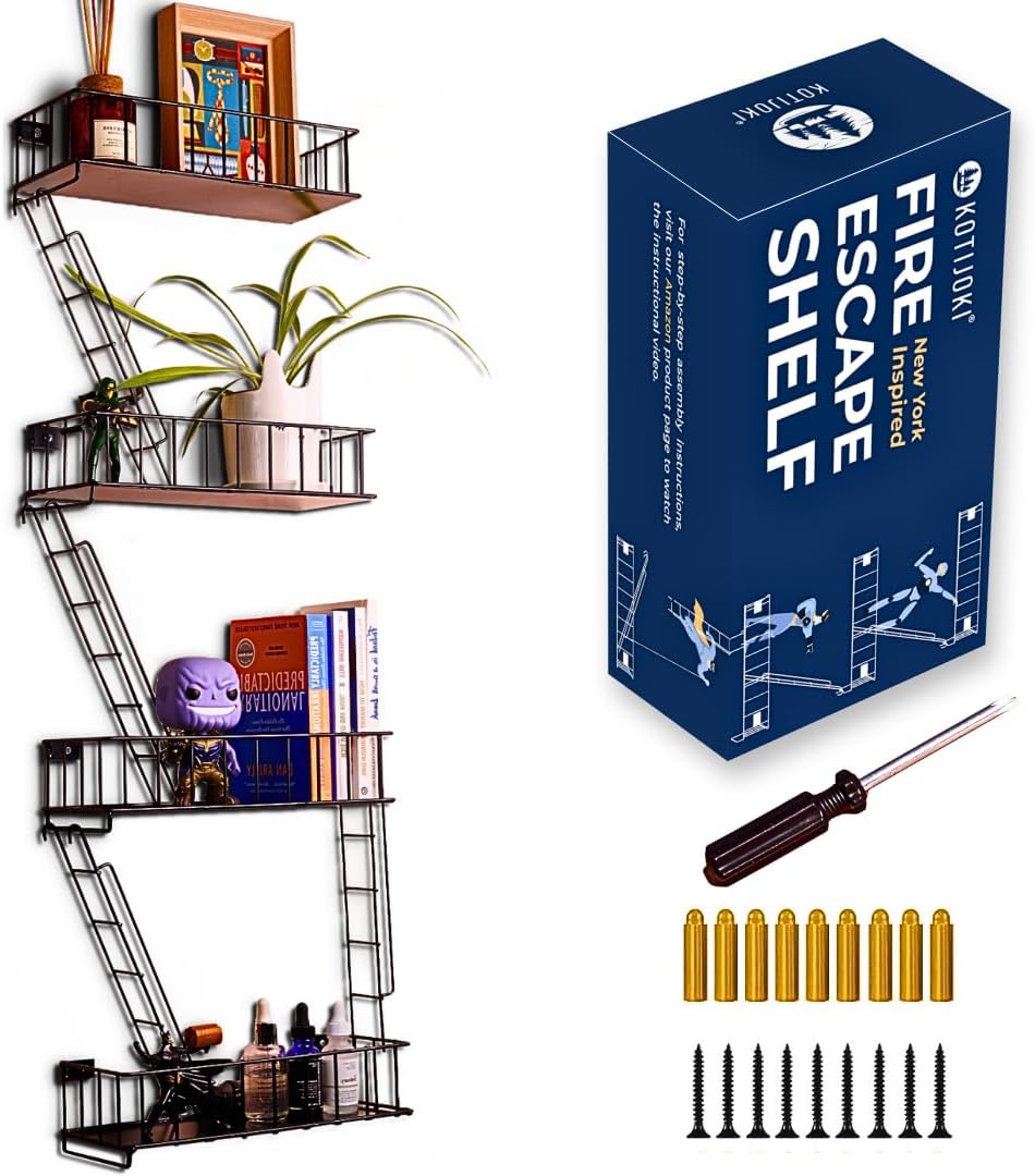 4 Tier Fire Escape Wall Shelf - Black Metal Decor Ladder Shelf
