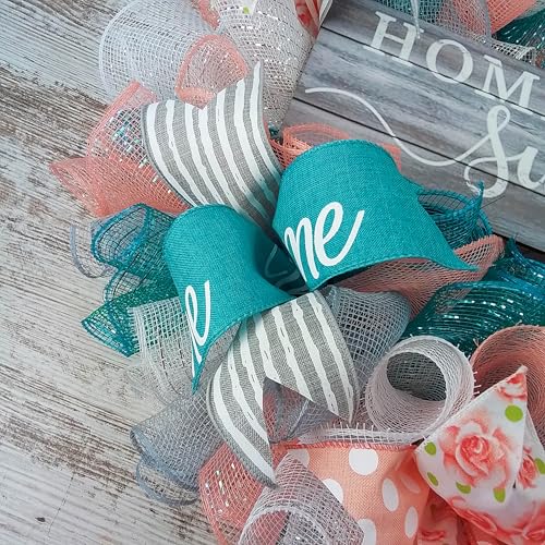 Home Sweet Home Wreath Coral Grey Turquoise Spring Everyday Door Wreath White Rustic