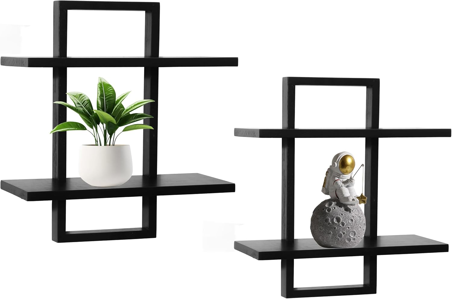 PHOENANCEE Floating Shelves Set of 2 Modern 2-Tier Black Oak Wall Display