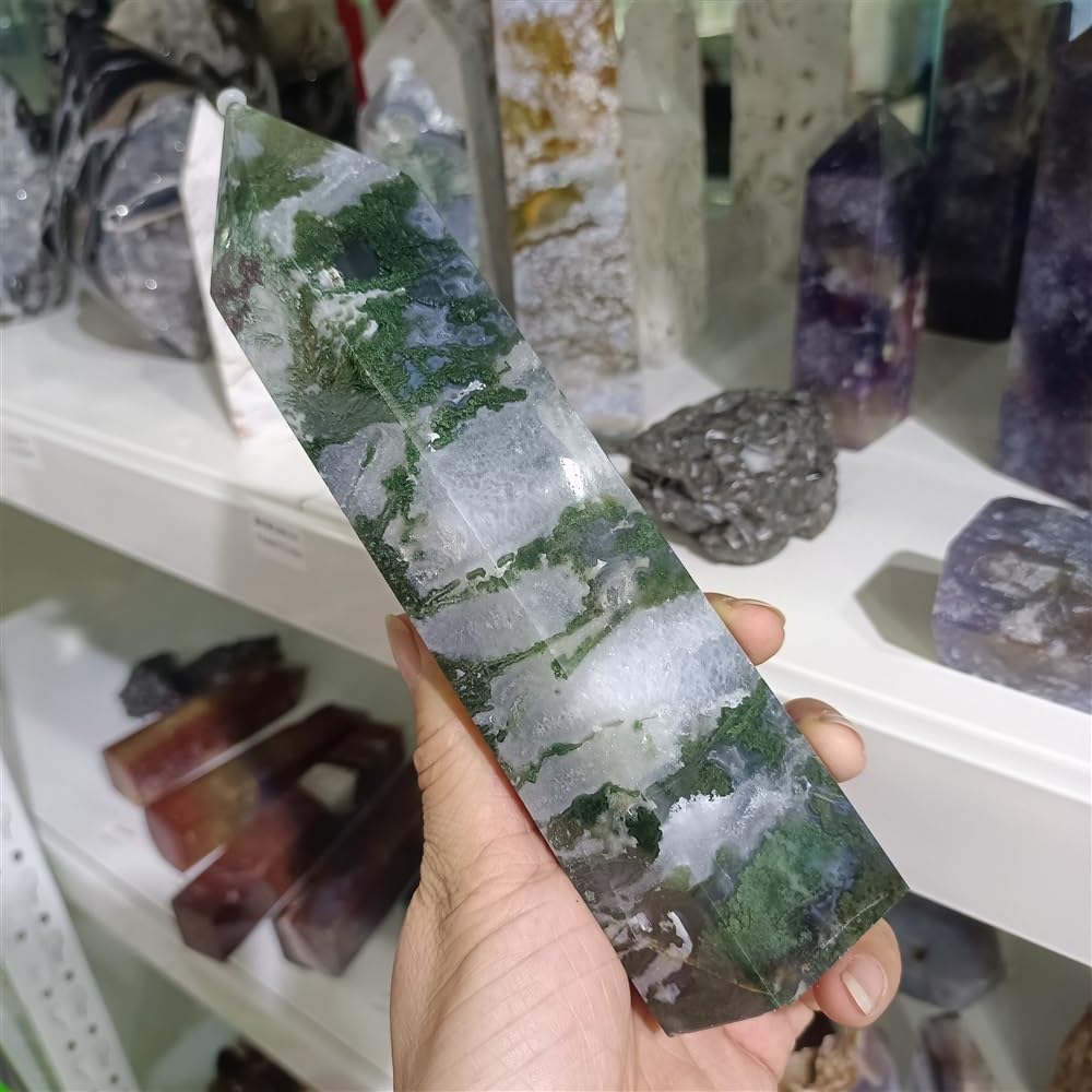 KatLin Natural Water Grass Agate Stone Column for Energy Healing and Home Decor