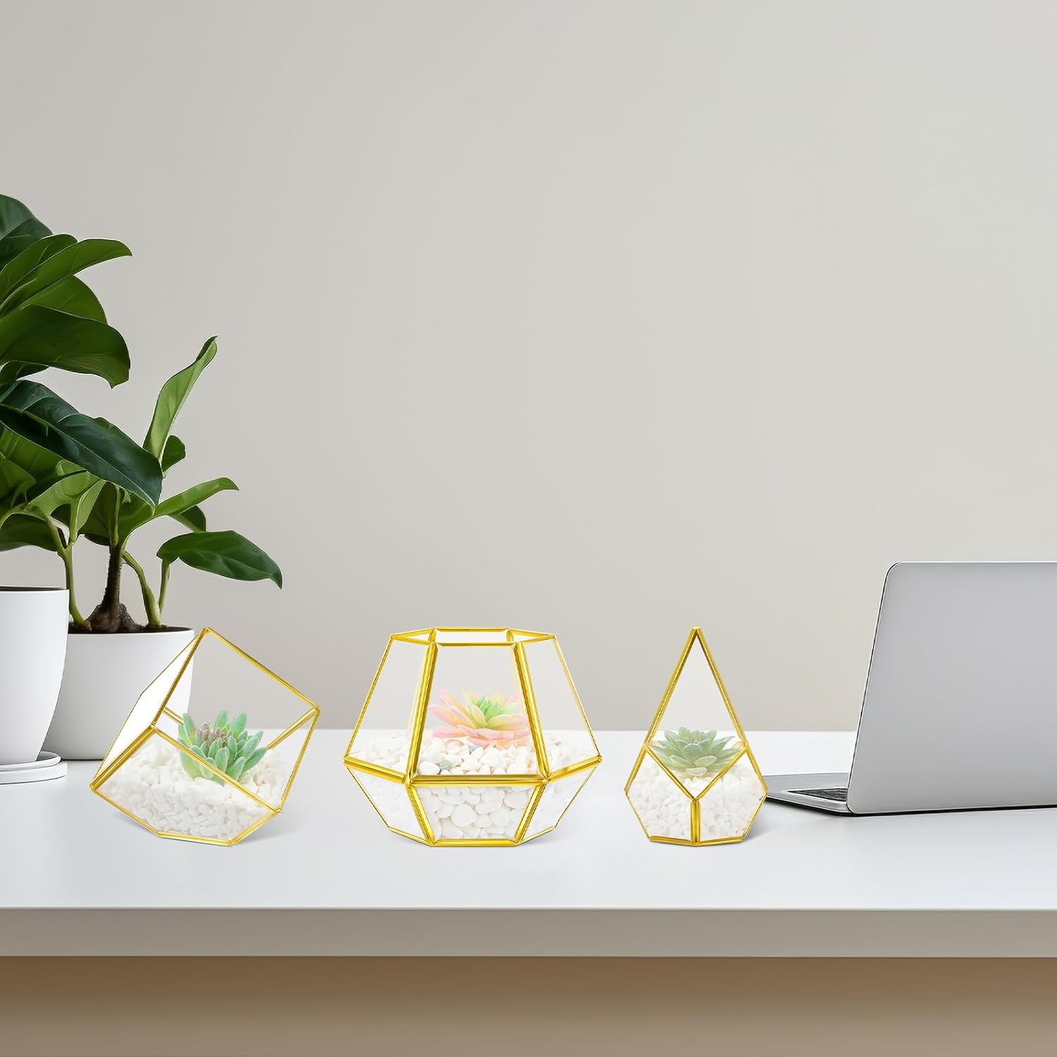 Hexagonal Metal Wall Shelves with 3 Glass Planter Sets