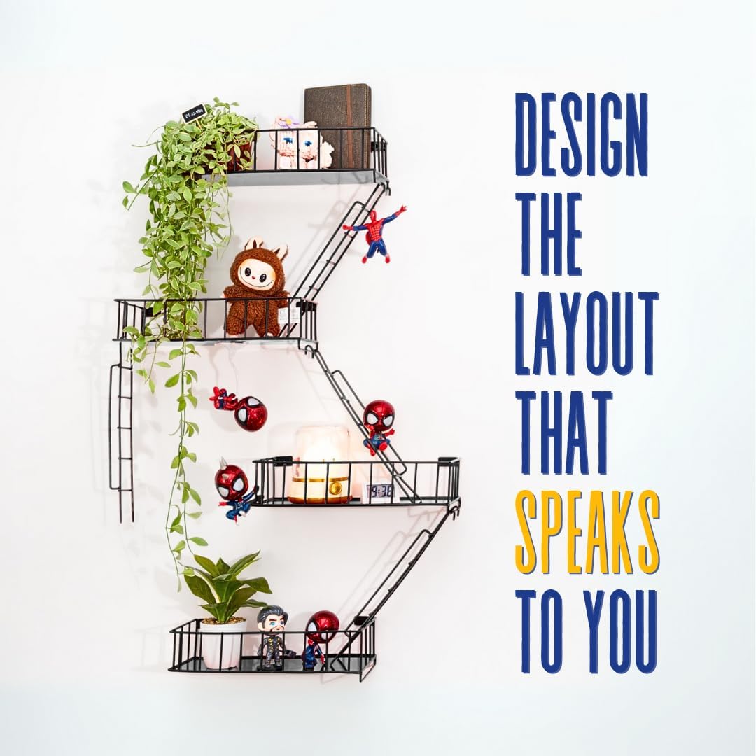 4 Tier Fire Escape Wall Shelf - Black Metal Decor Ladder Shelf