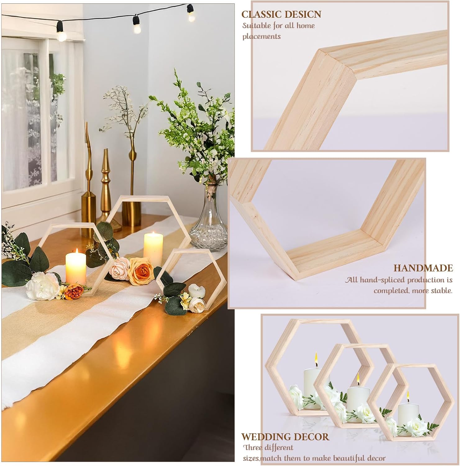 12 Pcs Wooden Hexagon Shelves 3 Sizes
