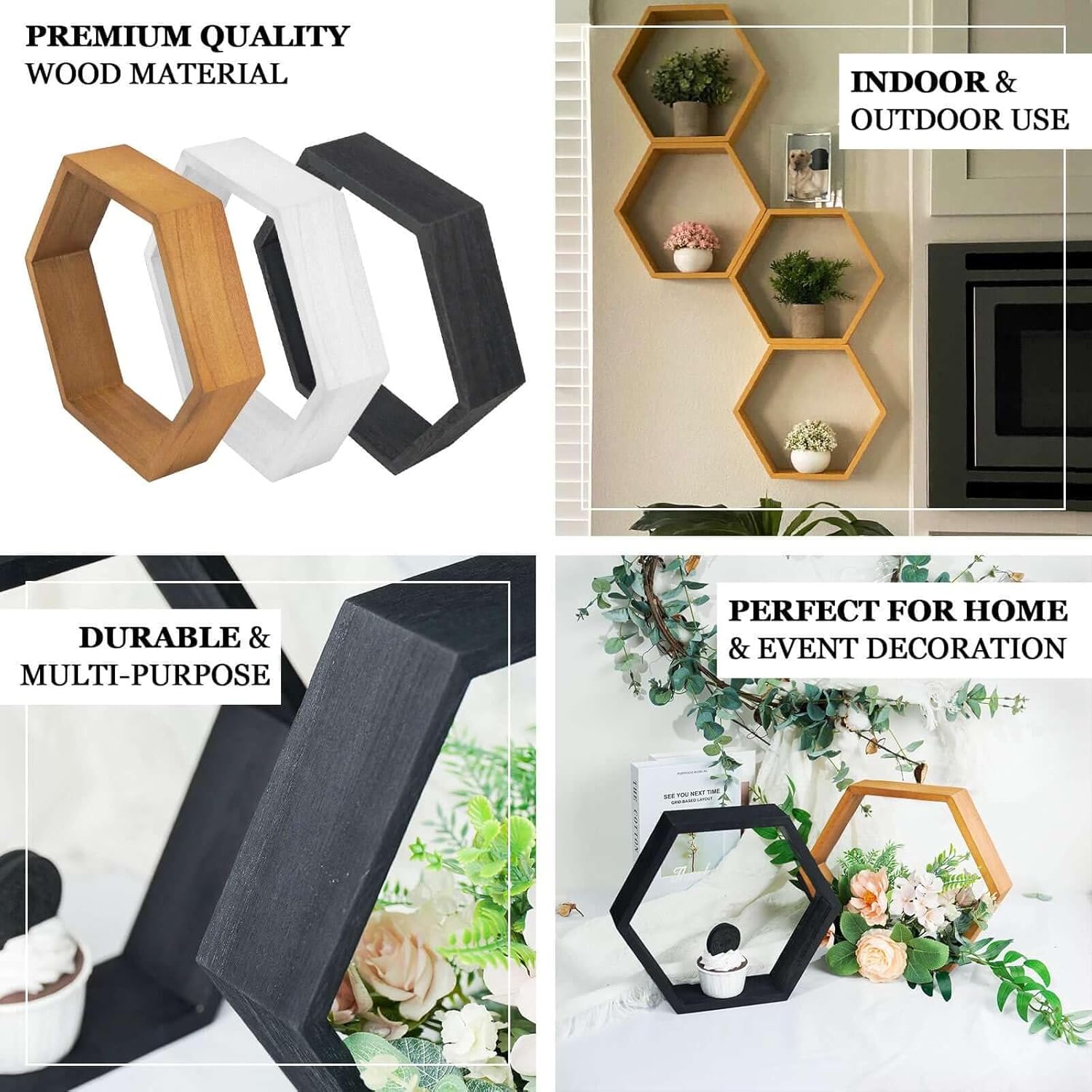 Efavormart 2 Pack 9 Inch Hexagon Whitewashed Wood Centerpiece