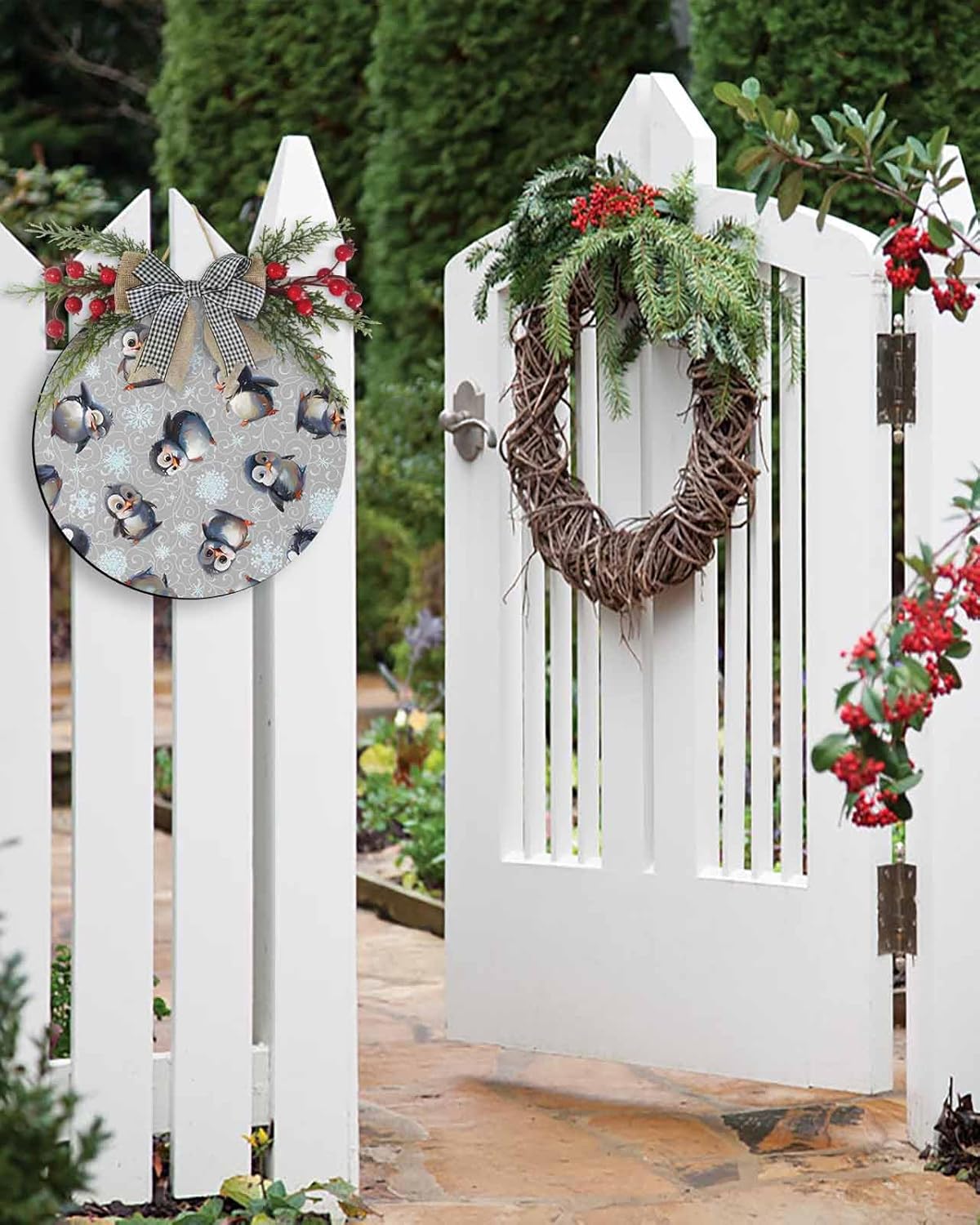 Cute Christmas Welcome Sign with Penguin Wreath Decor