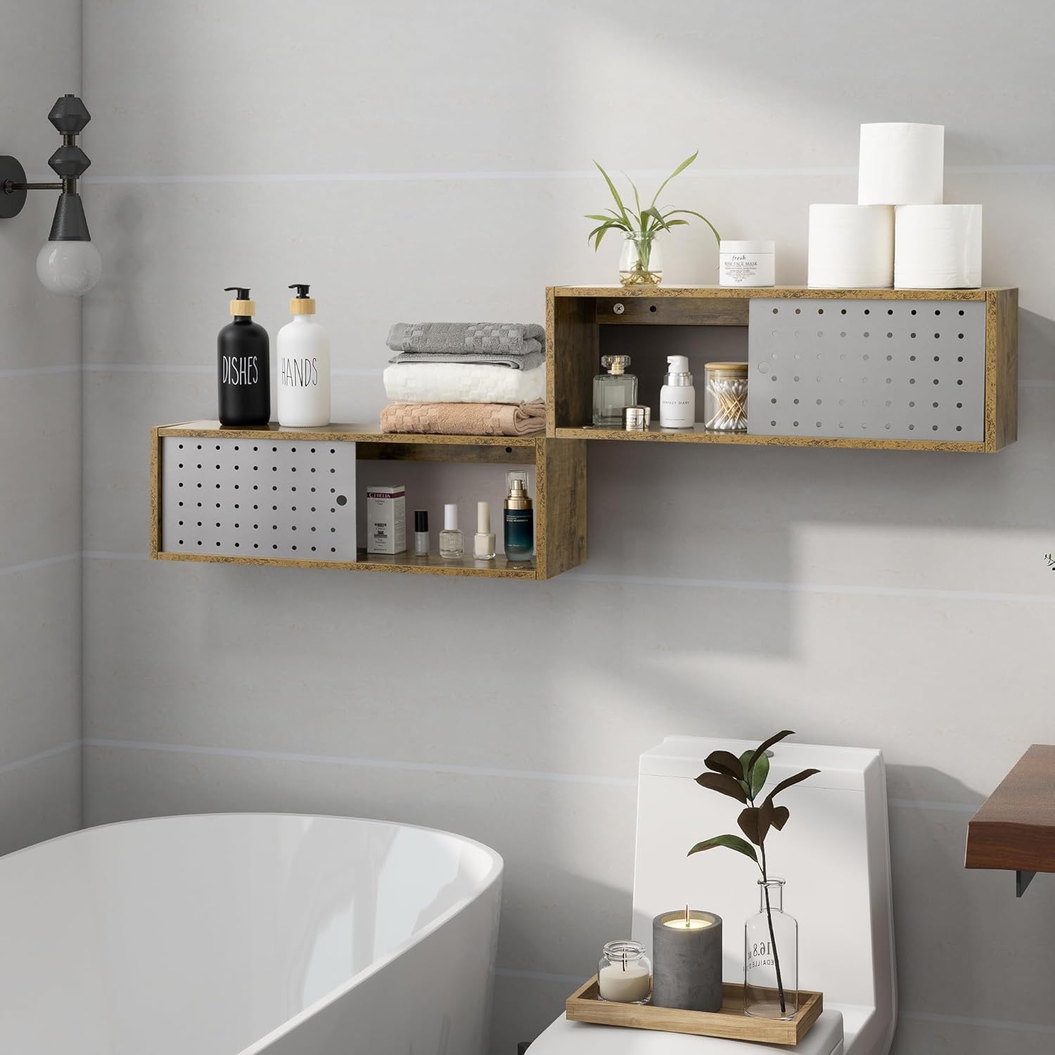 Sonefreiy 24in Floating Cabinet Set of 2 Rustic Wood TV Stand with Slide Metal Doors