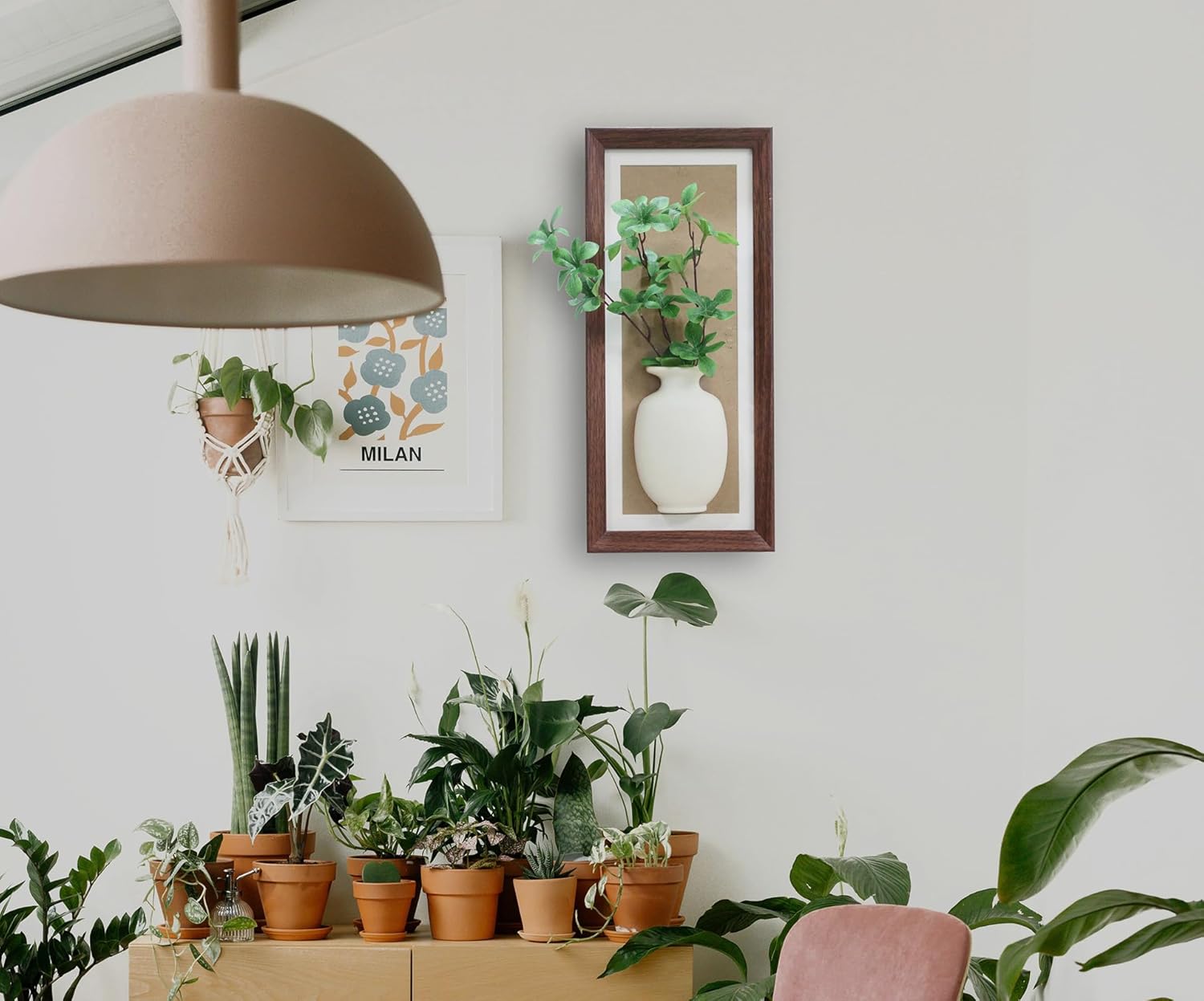 Wood Frame Wall Planter with Artificial Plants Indoor Decor Hanging Holder for Fresh and Dried Flowers