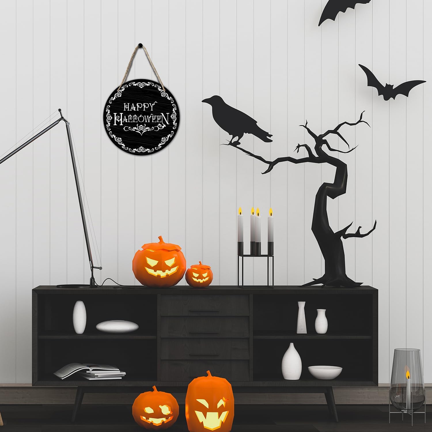 Happy Halloween Wood Sign Plaque - Round Wall Decor