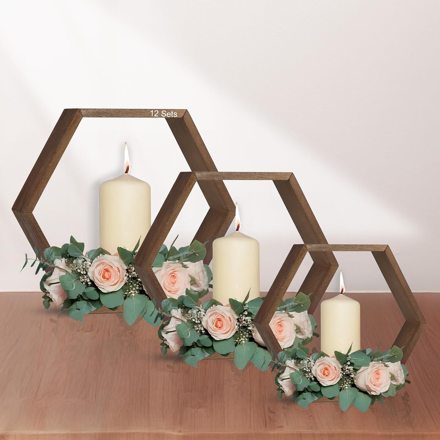 12 Pcs Wooden Hexagon Floating Shelves Brown