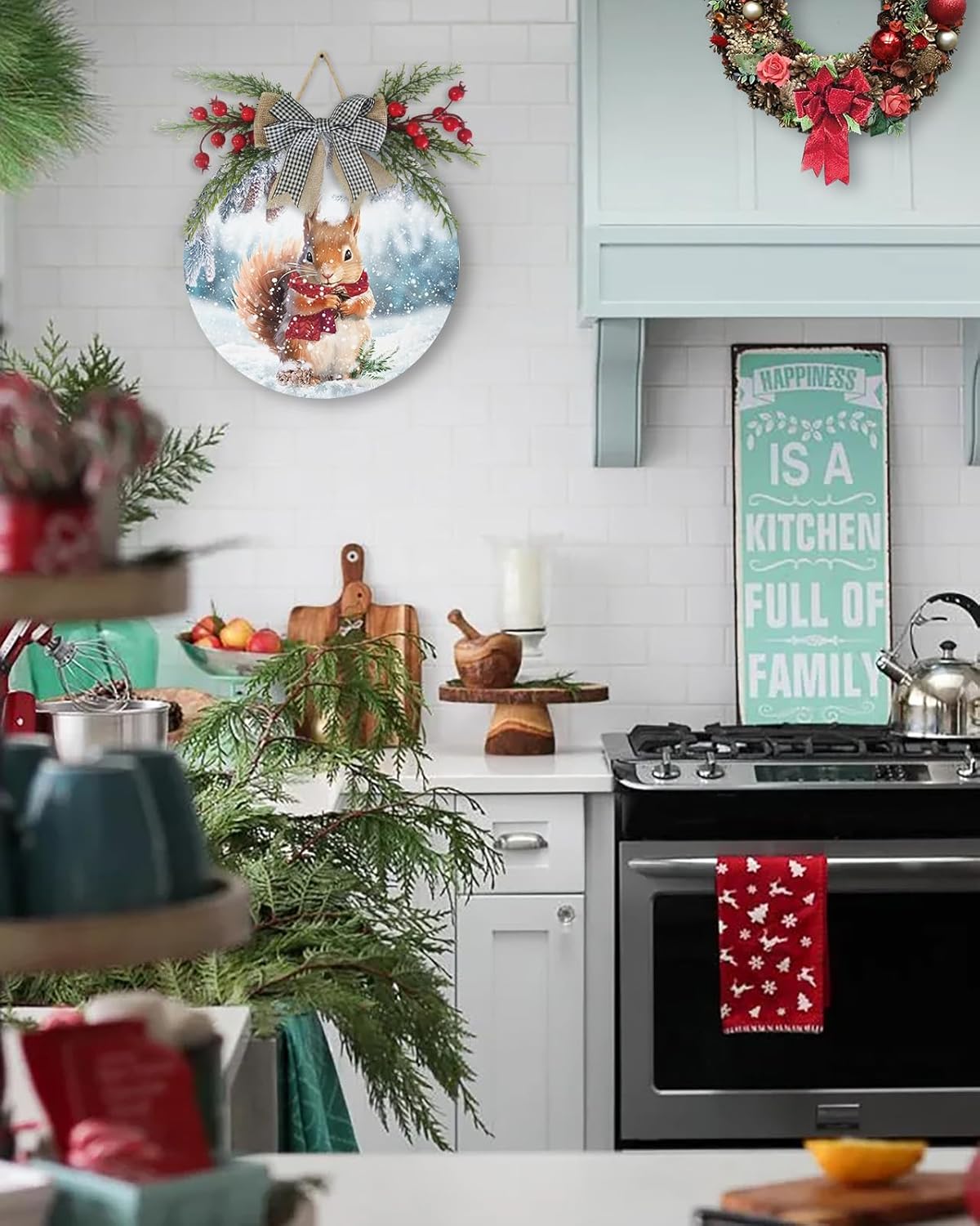 Welcome Sign with Squirrel Pine Cone Xmas Wreath