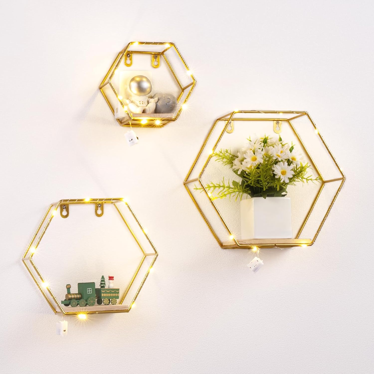 Ideal Swan Hexagon Floating Shelves with LED Lights - Gold