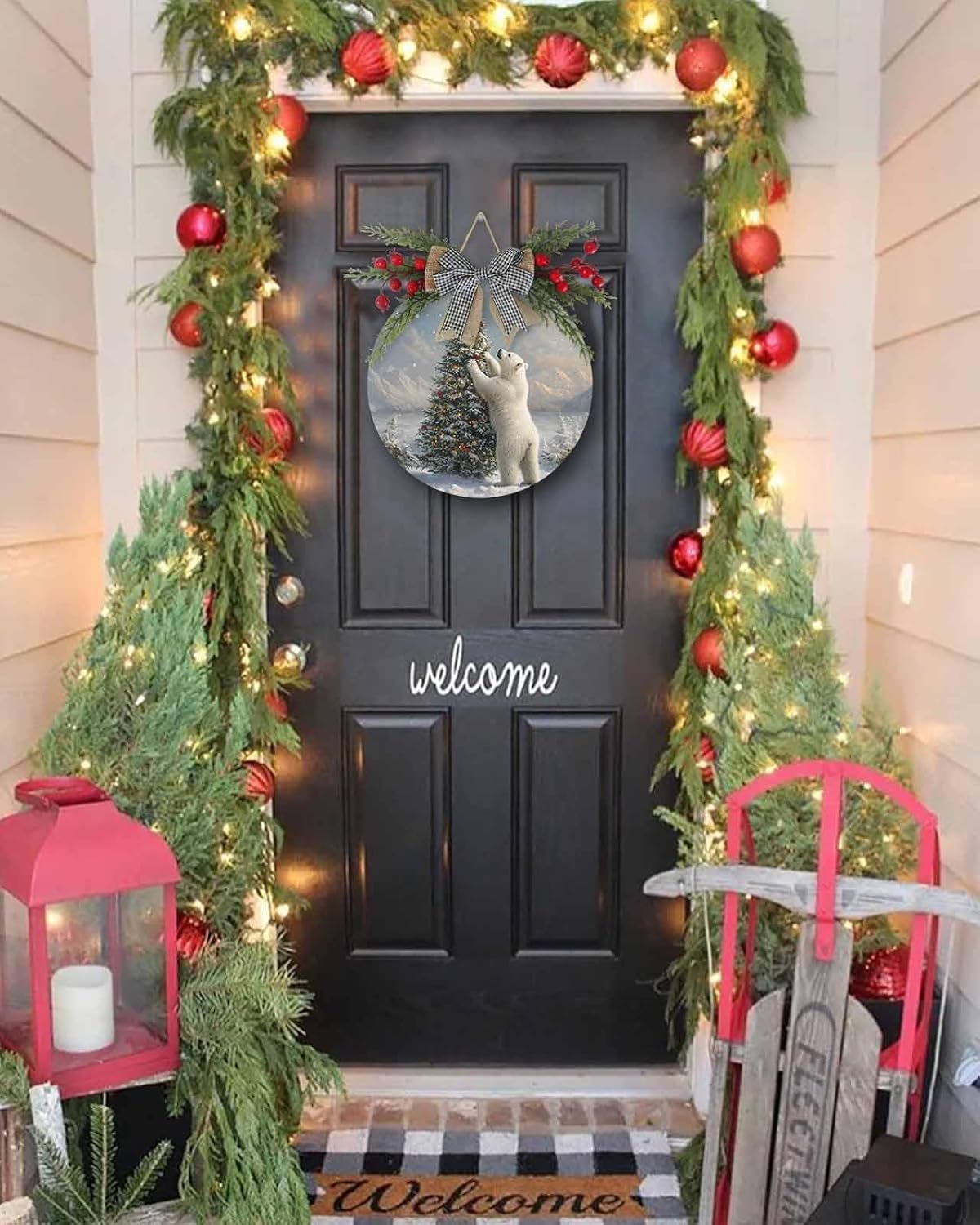 Welcome Sign Christmas Wreath Decor Round Wood Sign