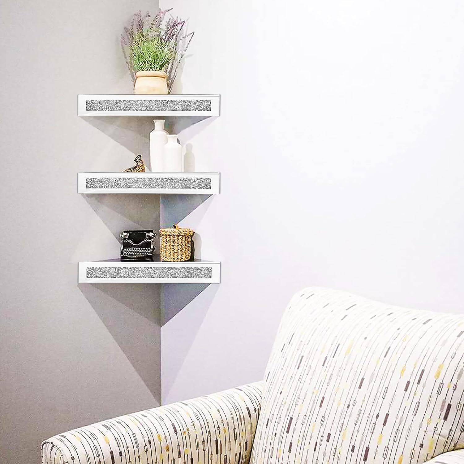 Royxen Floating Corner Shelves 2 Sets Crystal Mirrored
