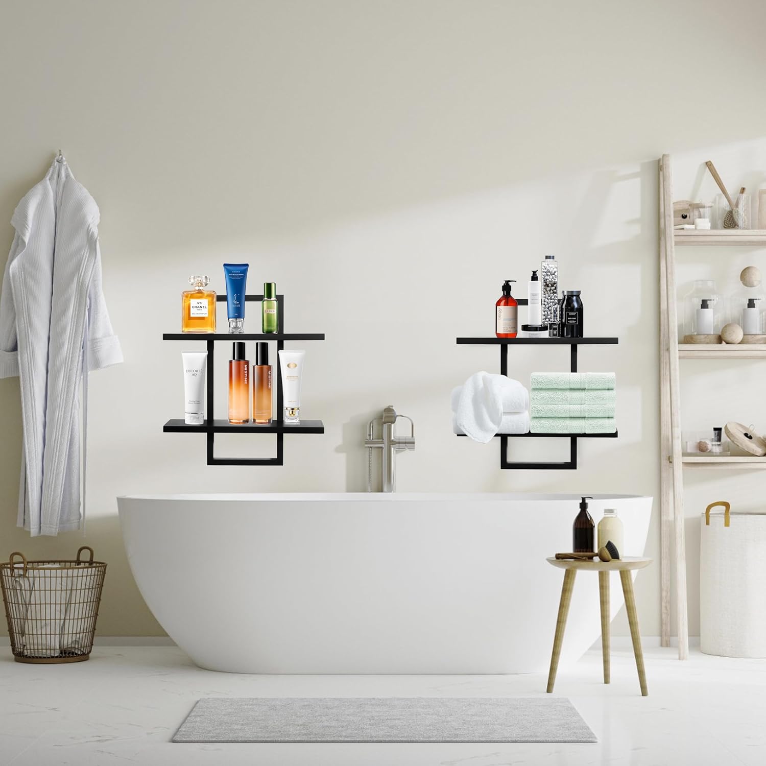 PHOENANCEE Floating Shelves Set of 2 Modern 2-Tier Black Oak Wall Display