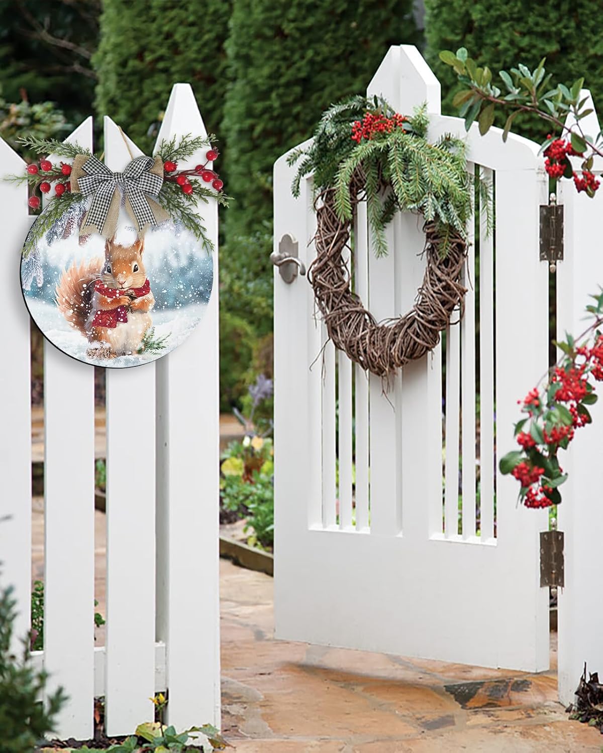 Welcome Sign with Squirrel Pine Cone Xmas Wreath