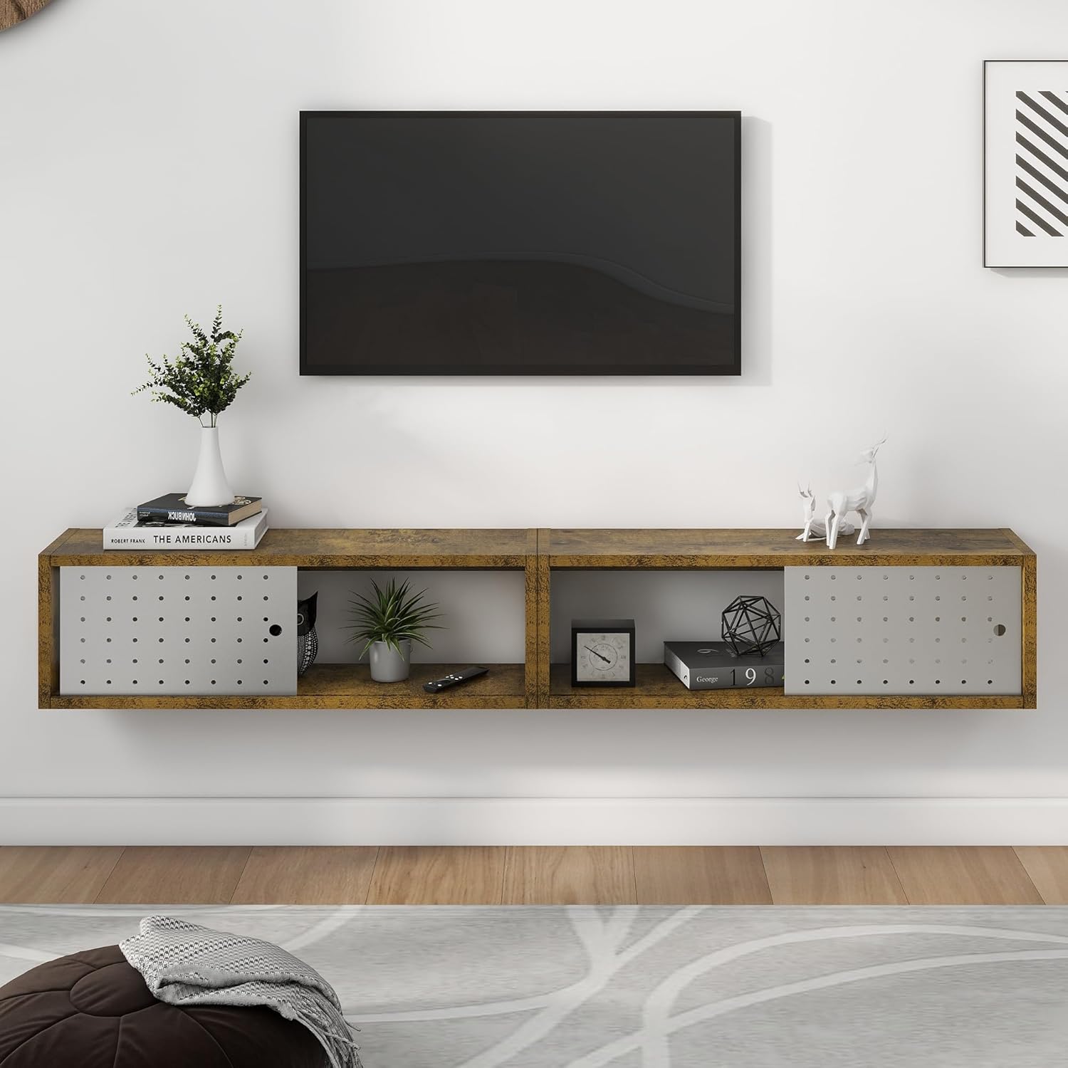 Sonefreiy 24in Floating Cabinet Set of 2 Rustic Wood TV Stand with Slide Metal Doors