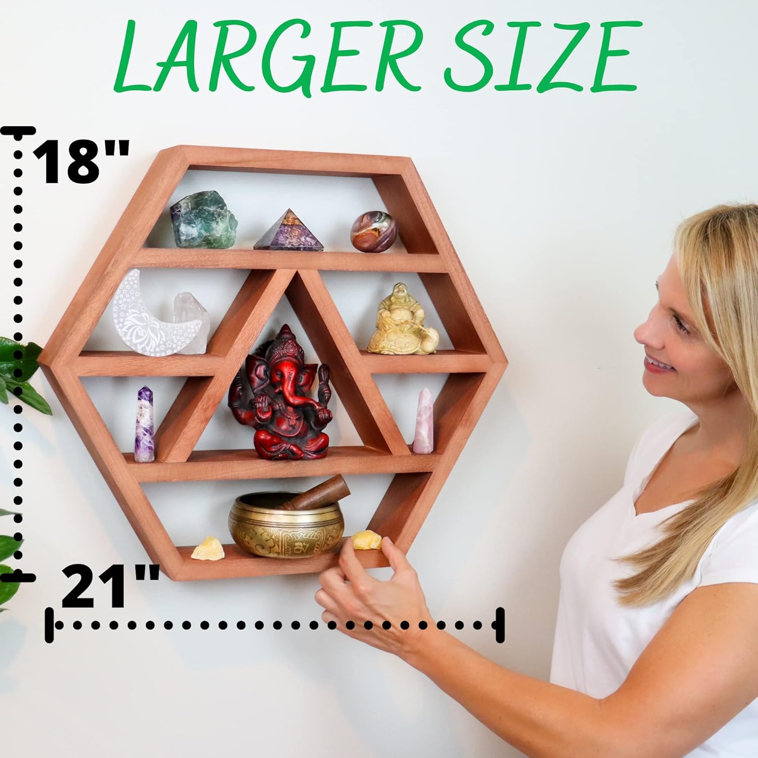 Hexagon Crystal Shelf Display - Large 21 Brown Wood Floating Shelves for Crystals