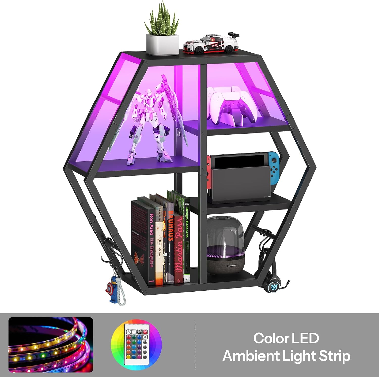 HOOBRO Gaming Floating Shelf with LED Lights Hexagonal Wall Mount Black BB76DBJ01