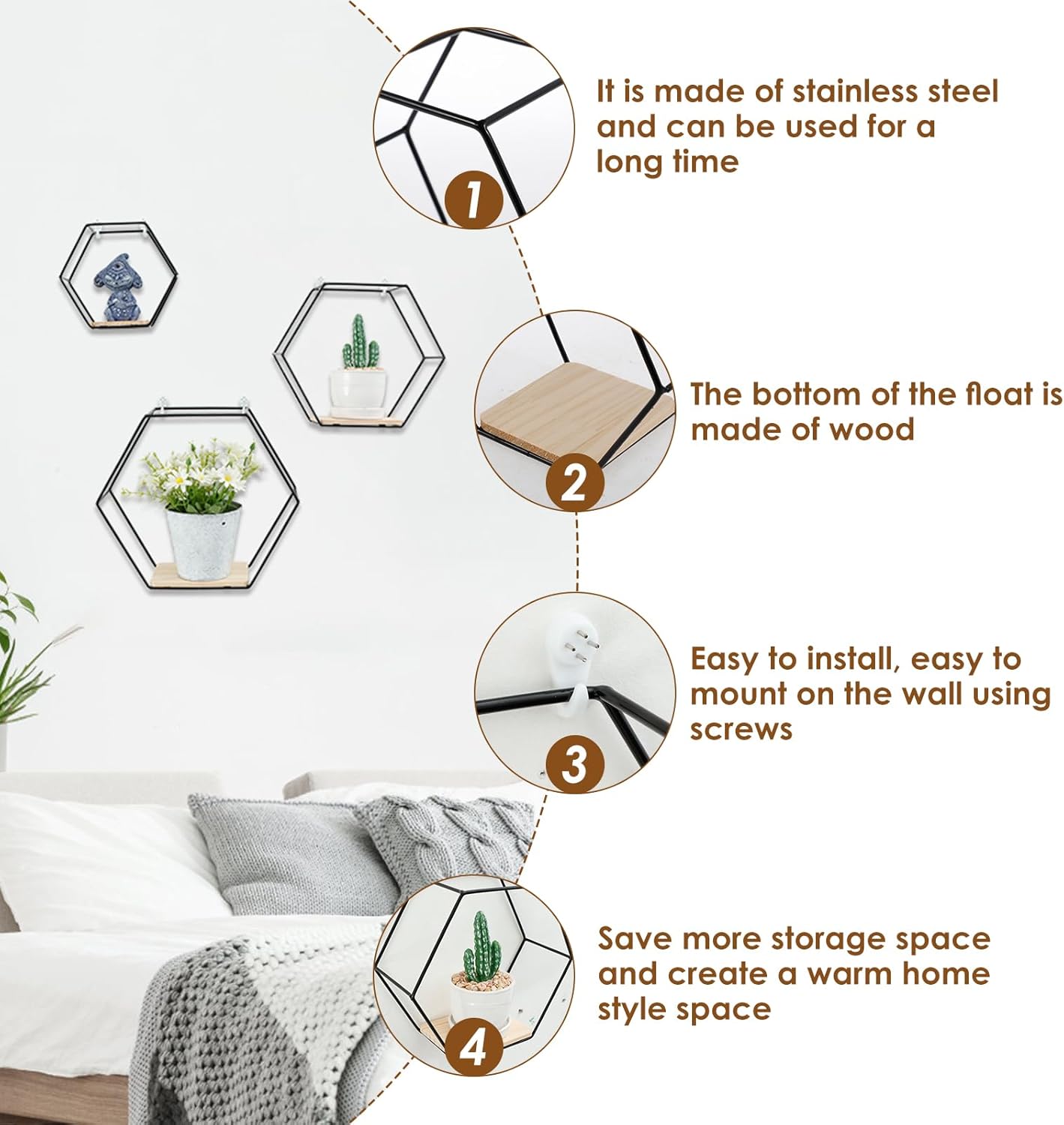 3PCS Hexagon Floating Shelves Black Wall Mount