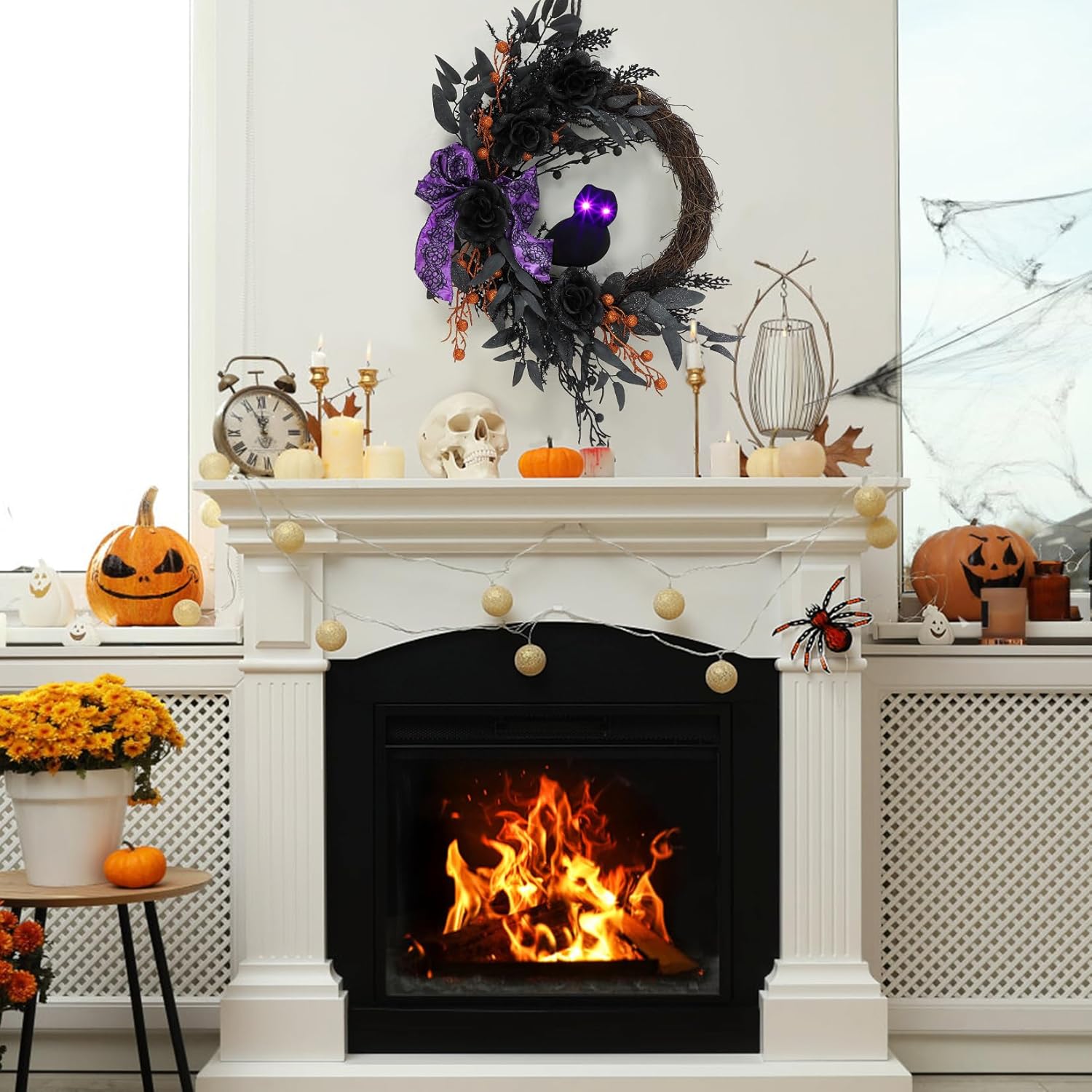 22 Inch Halloween Owl Wreath with Lighted Eyes