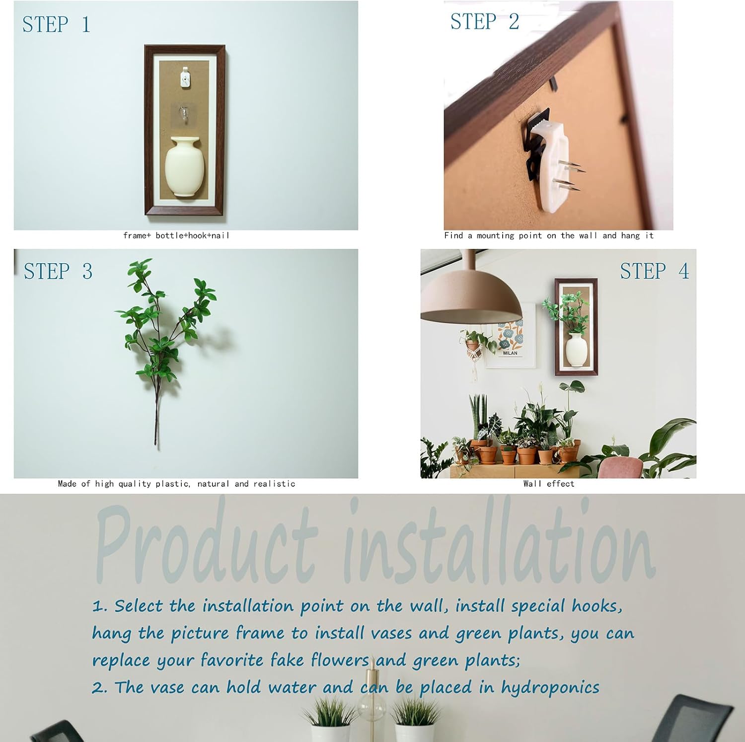 Wood Frame Wall Planter with Artificial Plants Indoor Decor Hanging Holder for Fresh and Dried Flowers