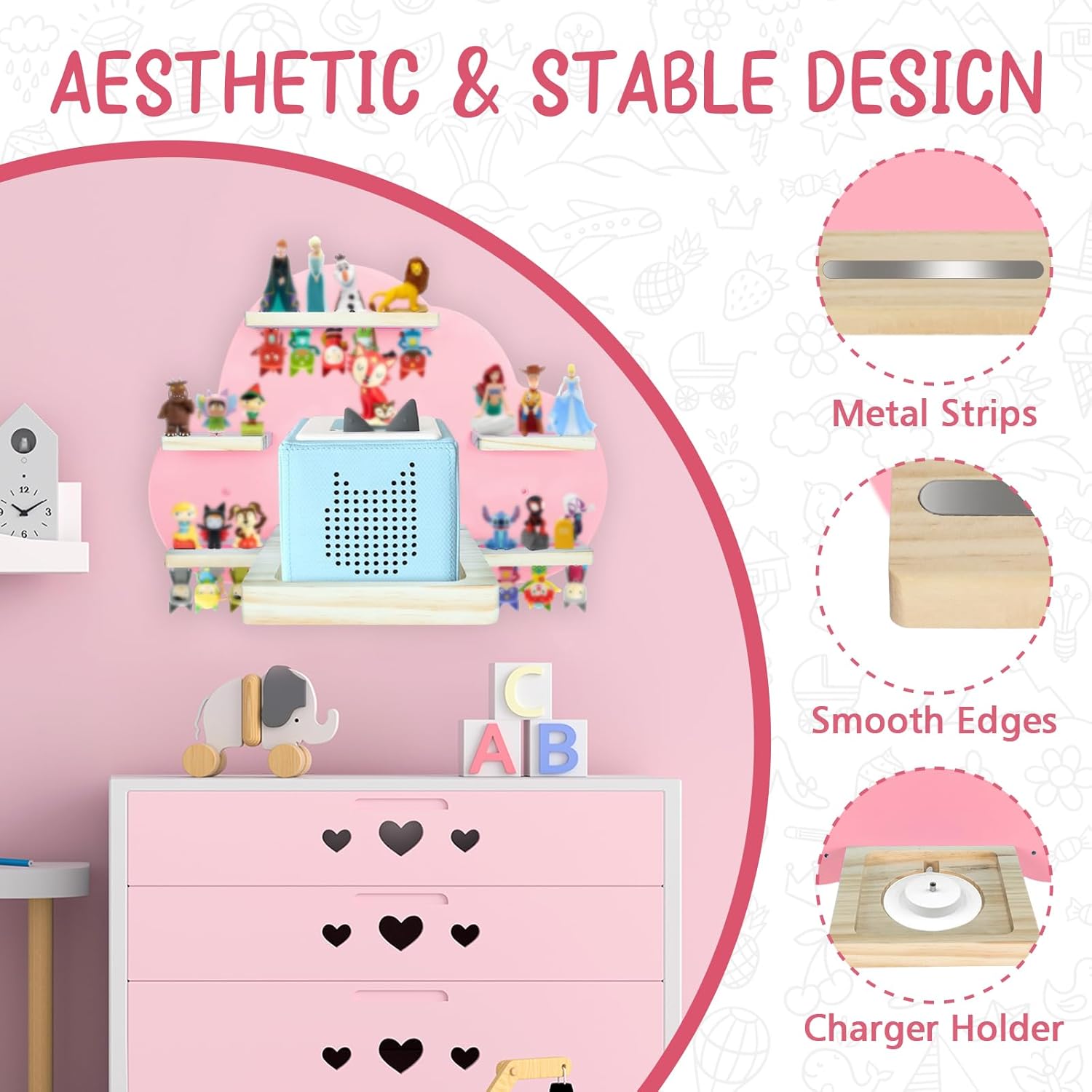 SINTENILL Cloud-Shaped Magnetic Shelf for Tonies Pink
