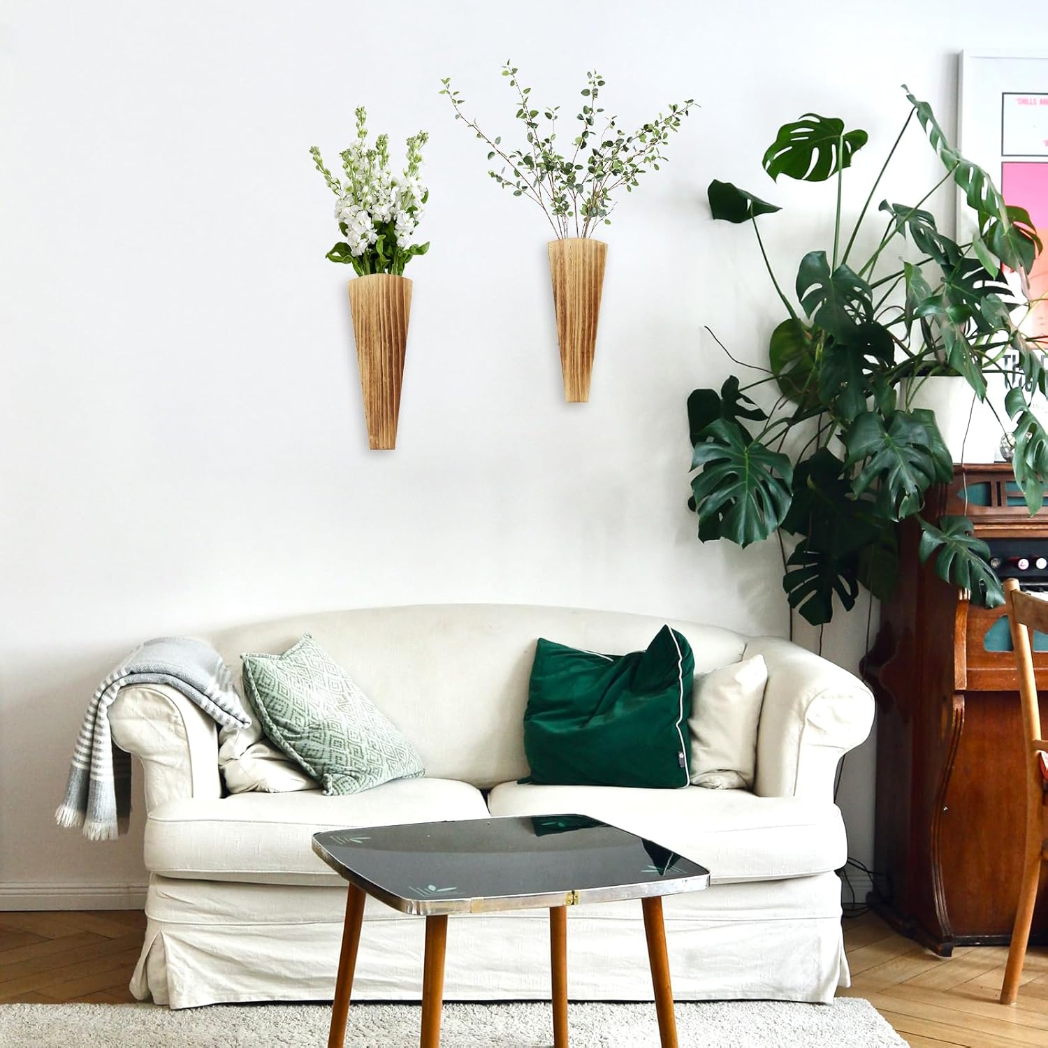 Set of 2 Fan-Shaped Wooden Wall Vases for Home Decor