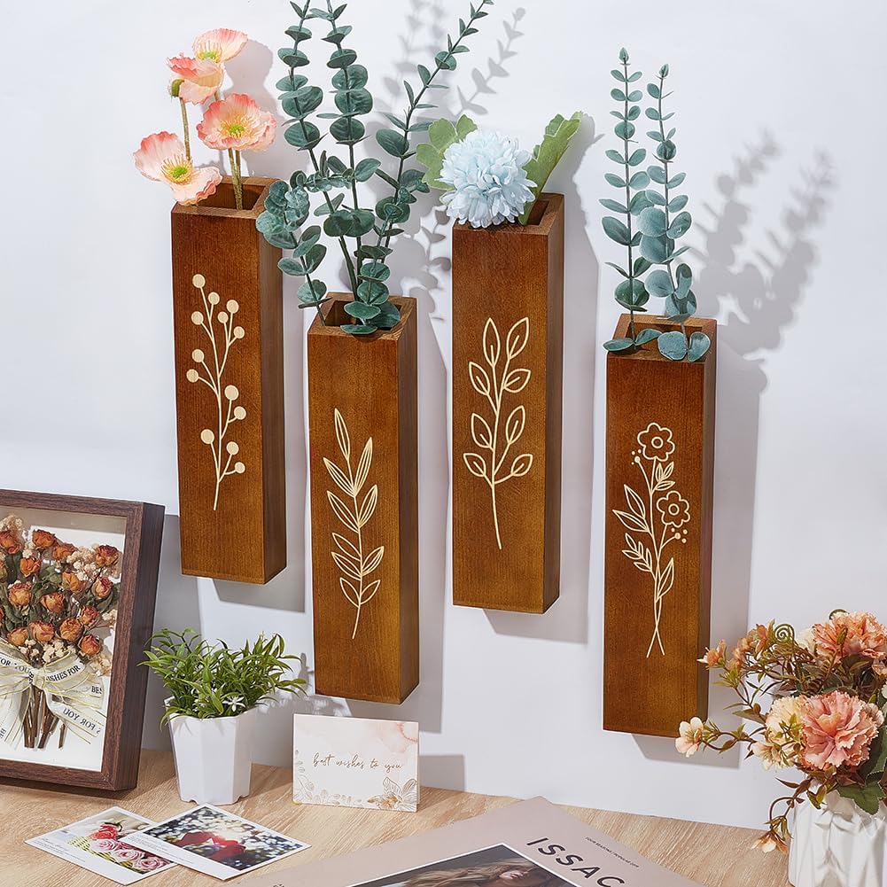 Peacoblue 4 Pack Wall Planters Solid Wood Indoor Decor with Black Finish for Dried Flowers and Faux Greenery