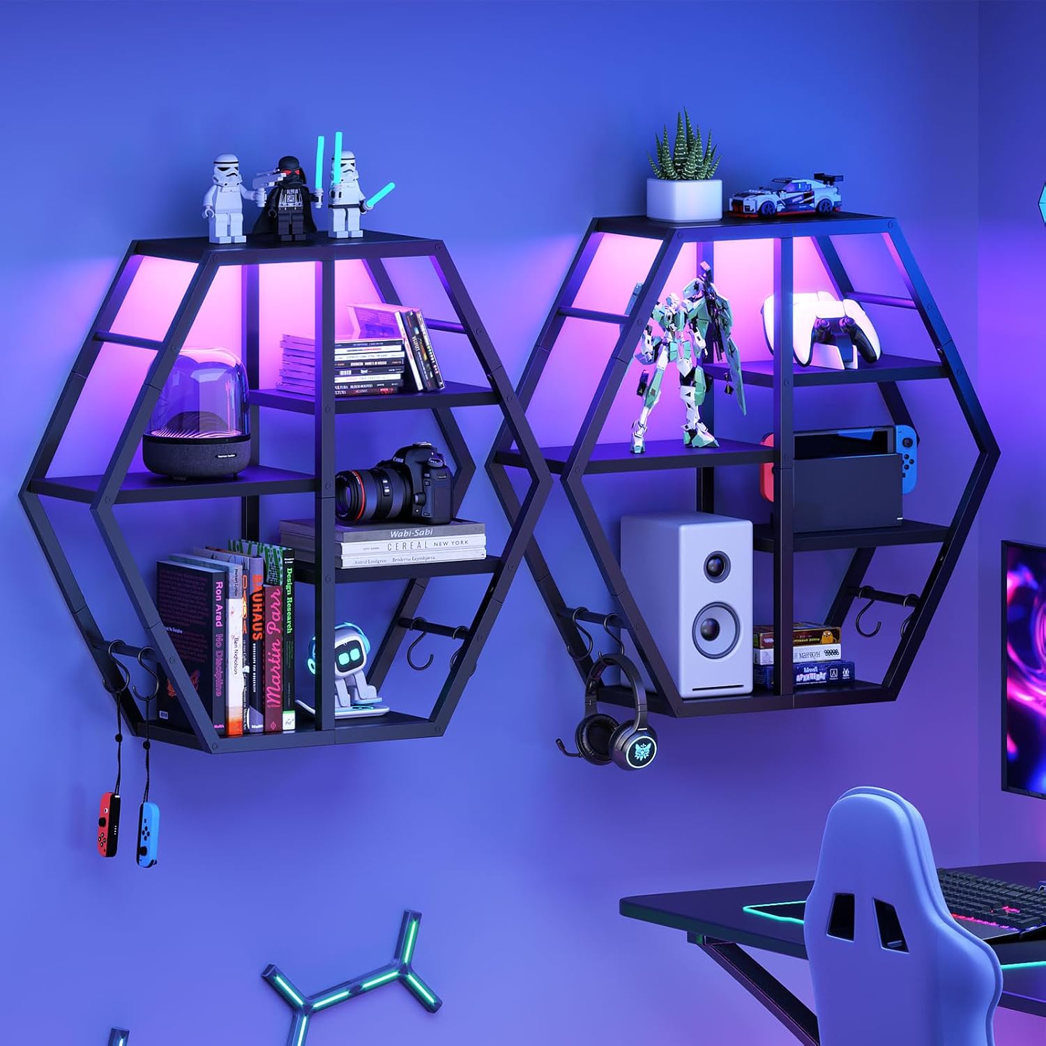 HOOBRO Gaming Floating Shelf with LED Lights Hexagonal Wall Mount Black BB76DBJ01