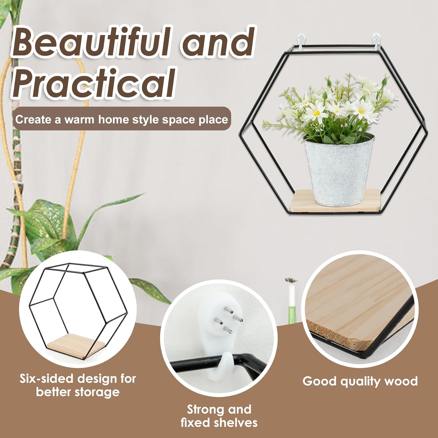 3PCS Hexagon Floating Shelves Black Wall Mount