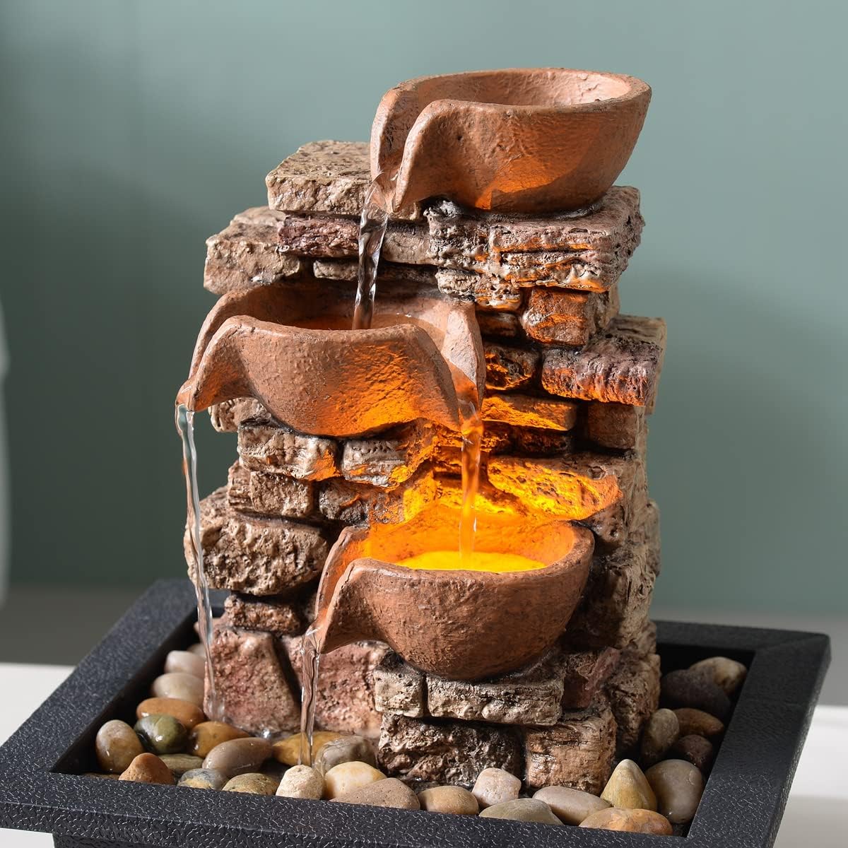 Haobos 3-Tier Tabletop Fountain with LED Lights