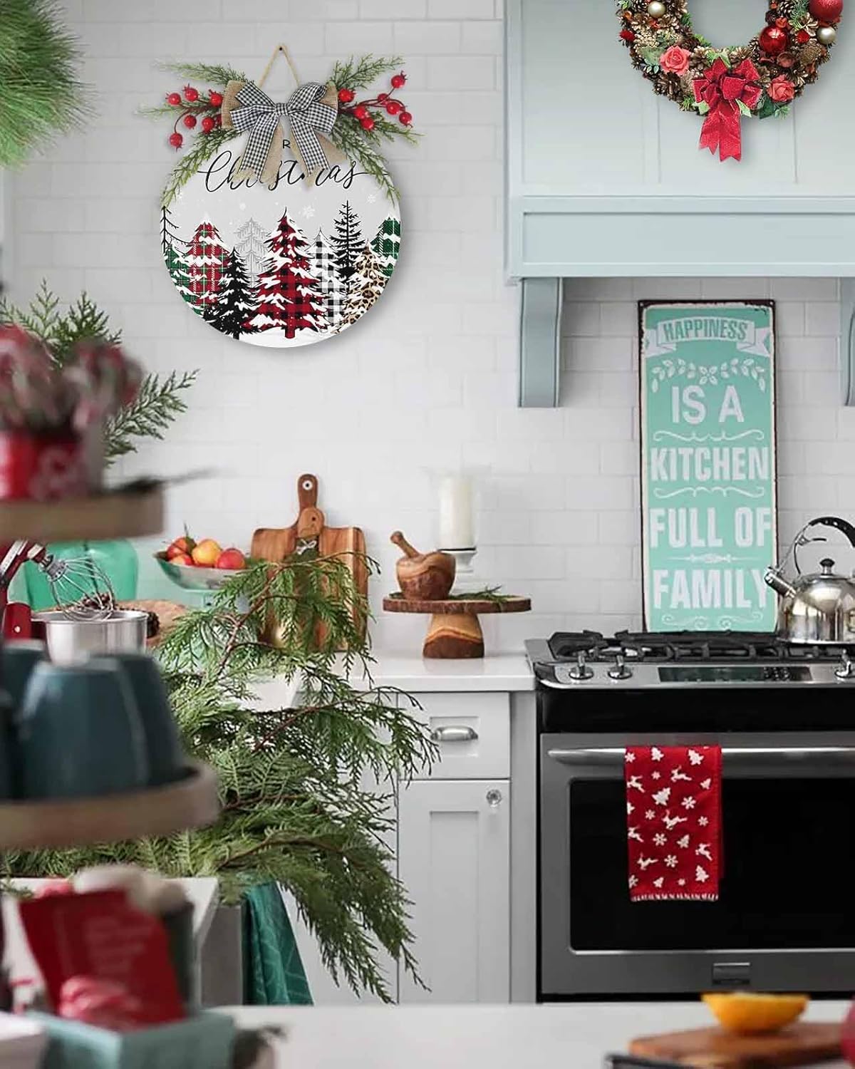 Welcome Sign Front Door Christmas Wreath Decor Plaid Xmas Tree Wooden Wall Decor