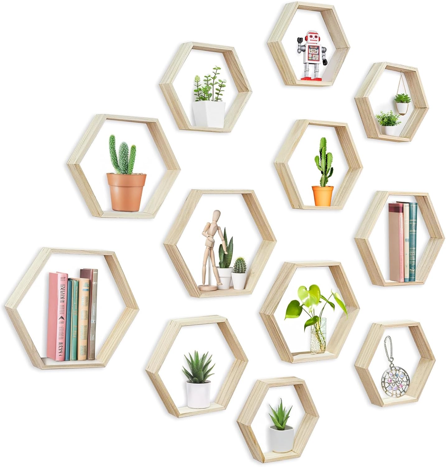 12 Pcs Wooden Hexagon Shelves 3 Sizes