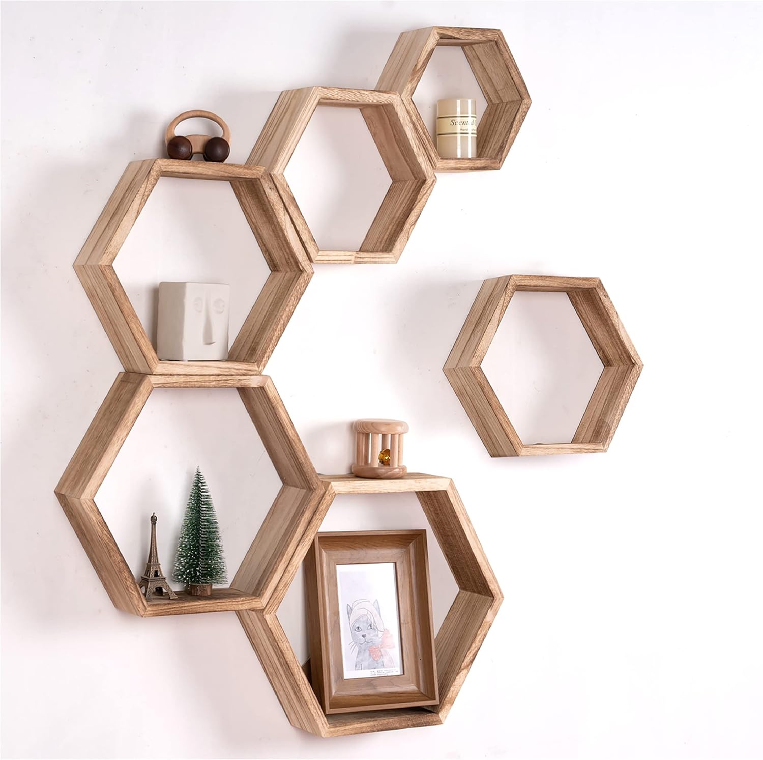 WONFUlity Hexagon Floating Shelves Driftwood Light Brown