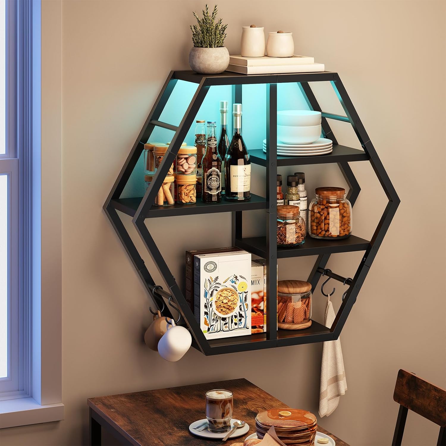 HOOBRO Gaming Floating Shelf with LED Lights Hexagonal Wall Mount Black BB76DBJ01