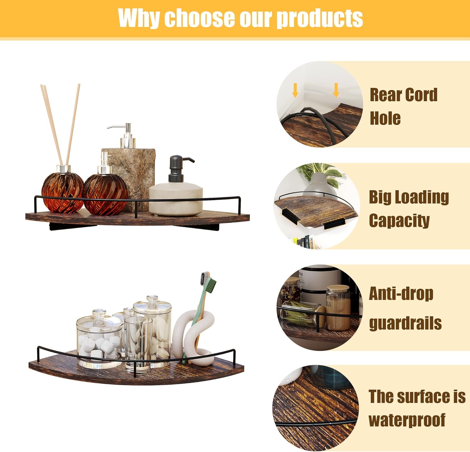 Corner Floating Shelves Set of 2 Rustic Brown Wood Wall Mount Storage with Guardrail