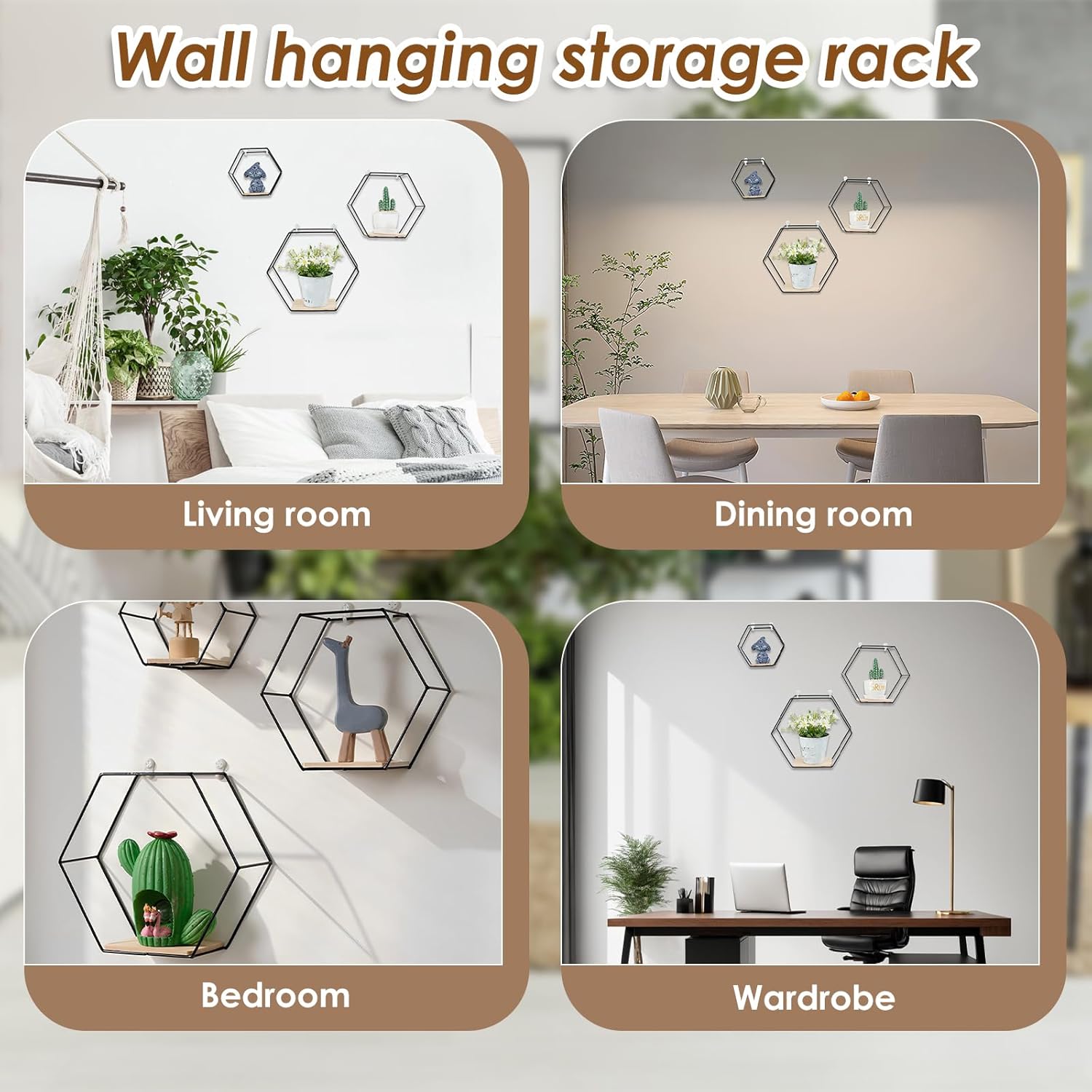 3PCS Hexagon Floating Shelves Black Wall Mount