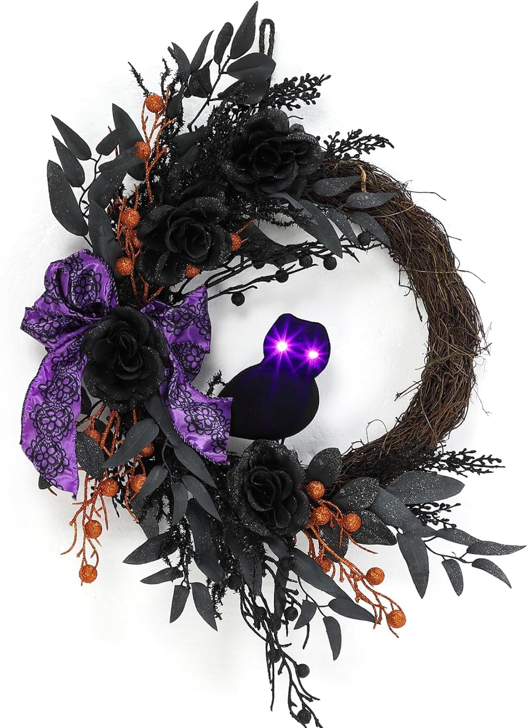 22 Inch Halloween Owl Wreath with Lighted Eyes