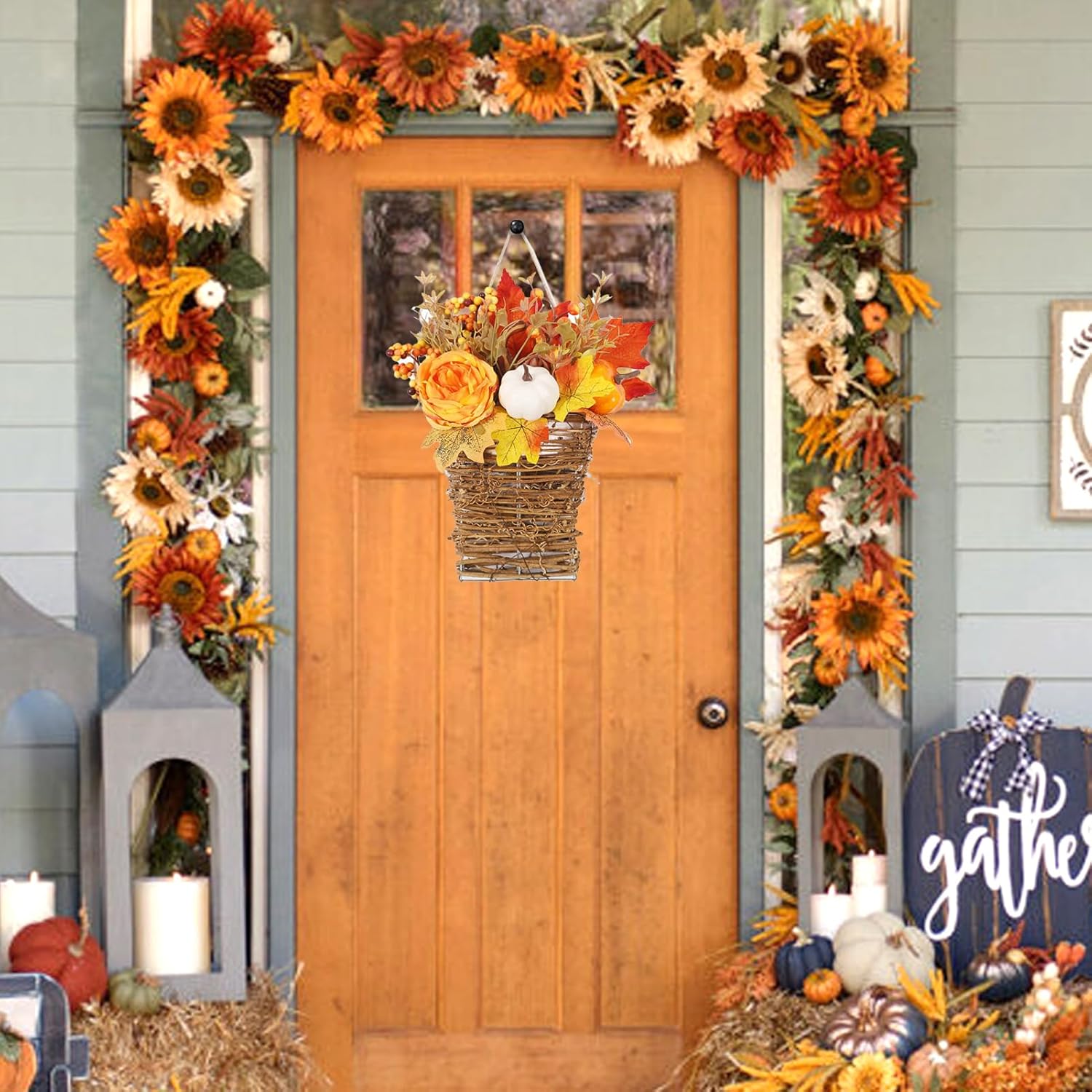 Fall Door Wreath with Peony and Pumpkin Decor