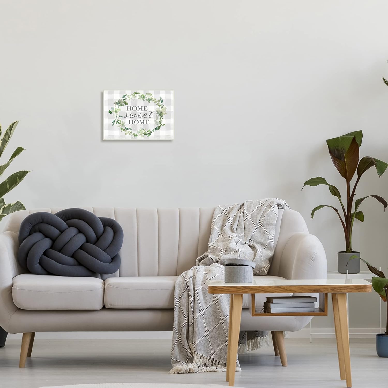 Stupell Industries Sweet Home Leaf Wreath Geometric Plaid Pattern