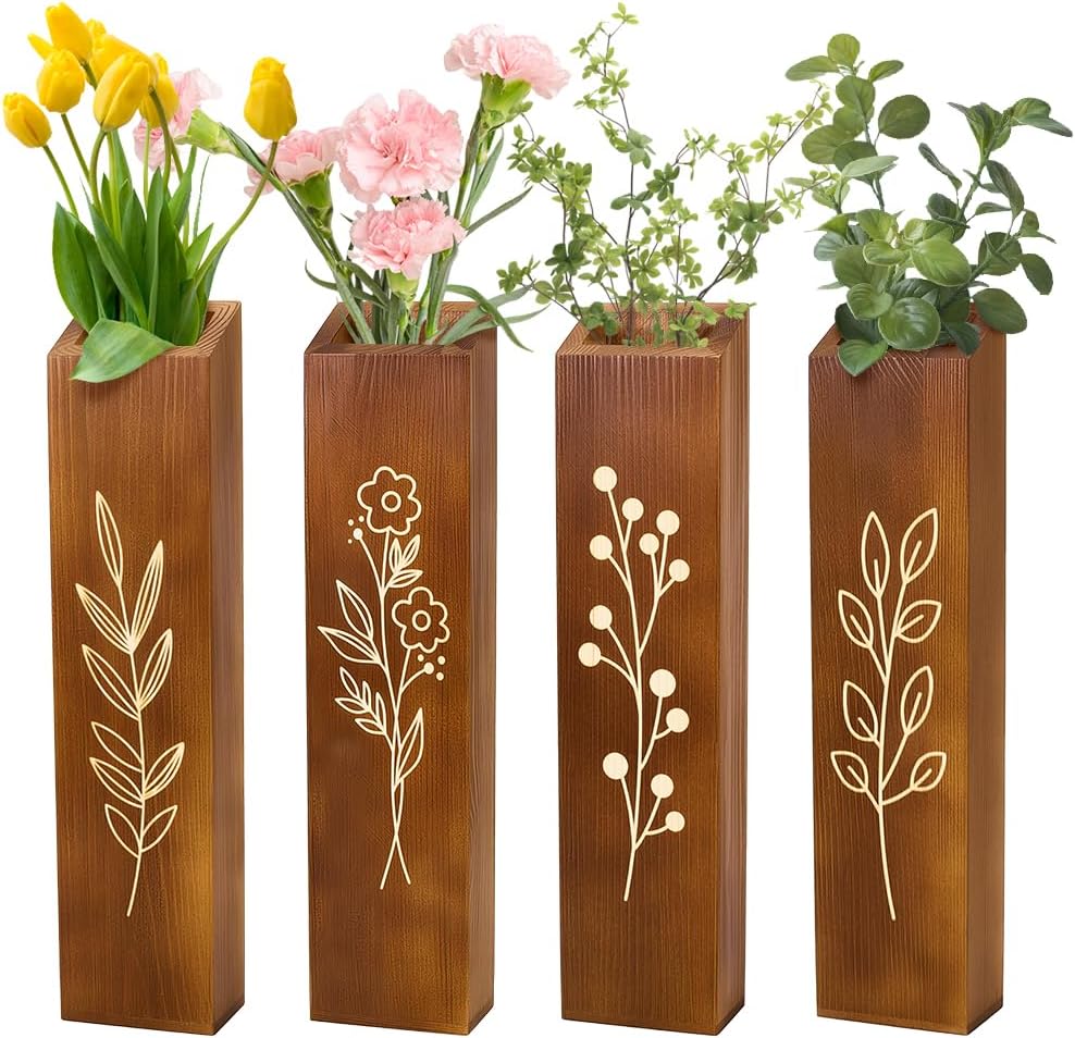 Peacoblue 4 Pack Wall Planters Solid Wood Indoor Decor with Black Finish for Dried Flowers and Faux Greenery