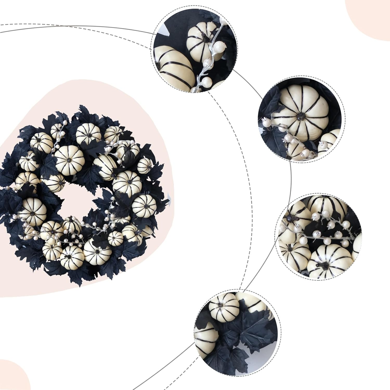 22 Inch Halloween Wreath with White Pumpkins and Black Maple Leaves