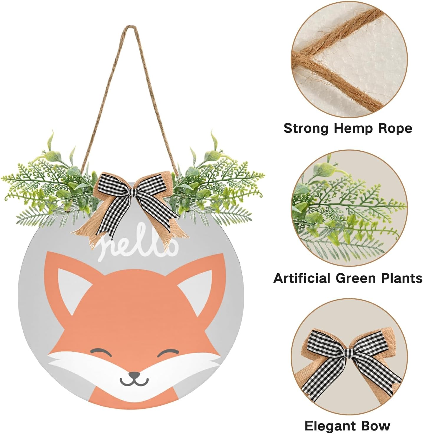 Cute Fox Door Wreath with Hello Welcome Sign for Front Porch Decorations