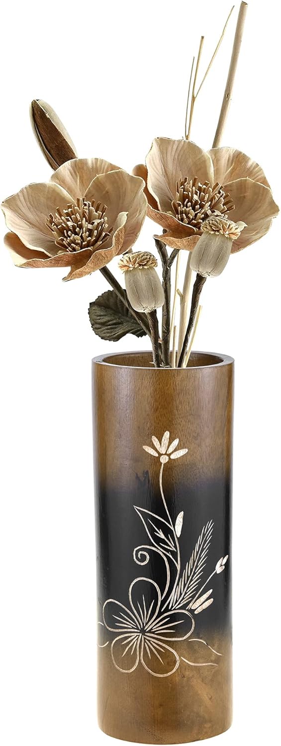 AeraVida Plumeria Flower Brown Cylindrical Wood Vase Set