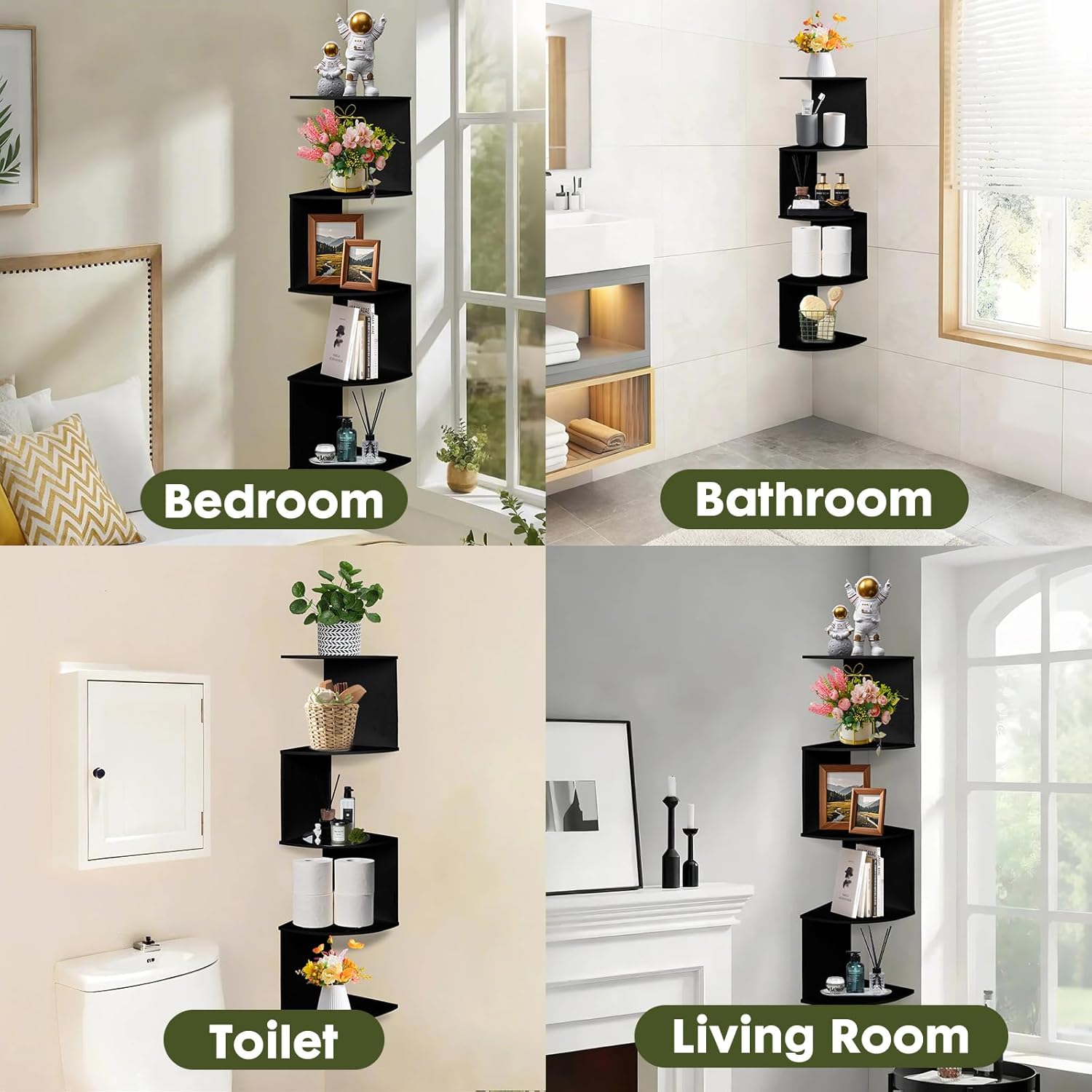 LuiceABC 5 Tier Corner Floating Shelf Black